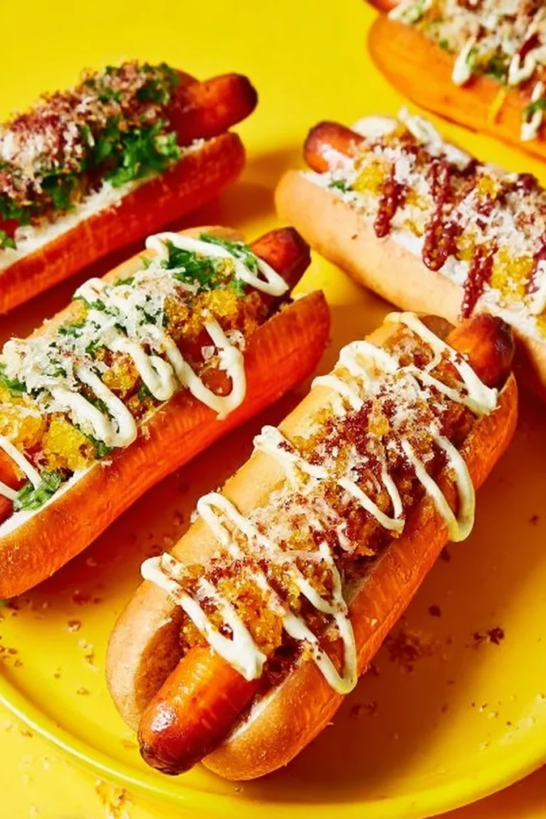Delicious vegan carrot hot dogs topped with fresh toppings in a bun