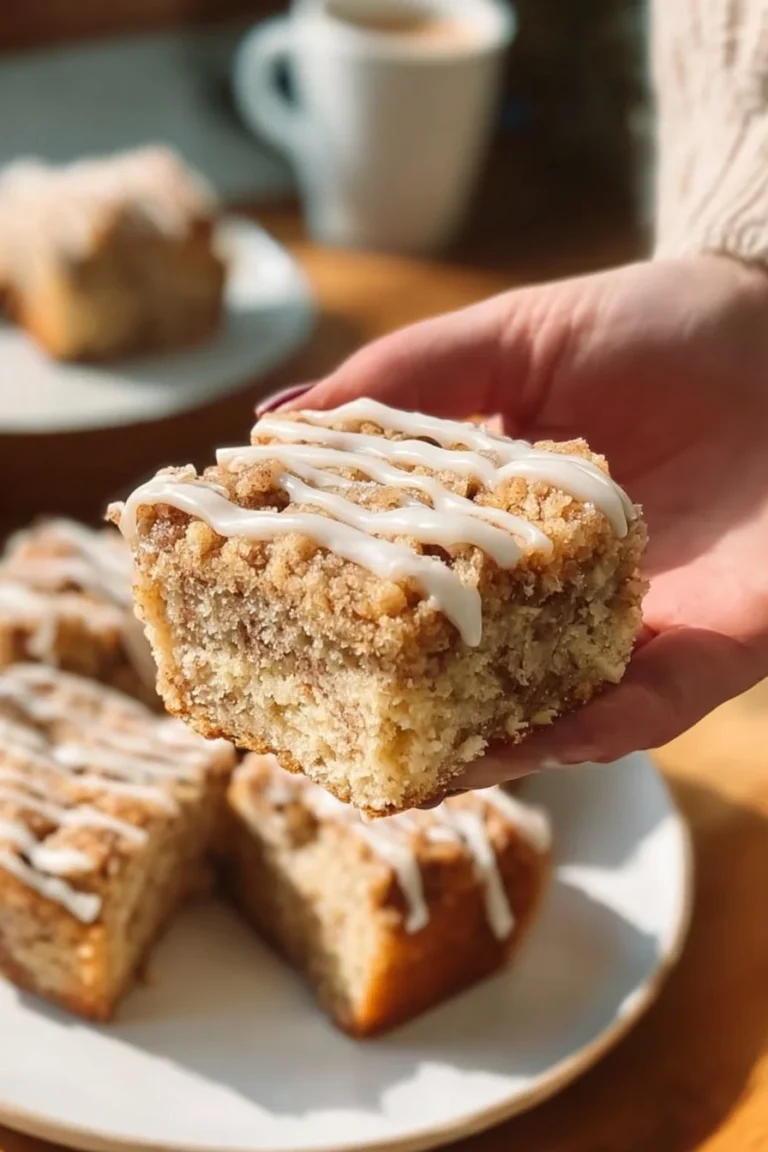 Delicious vegan coffee cake topped with crumbs and served on a plate.
