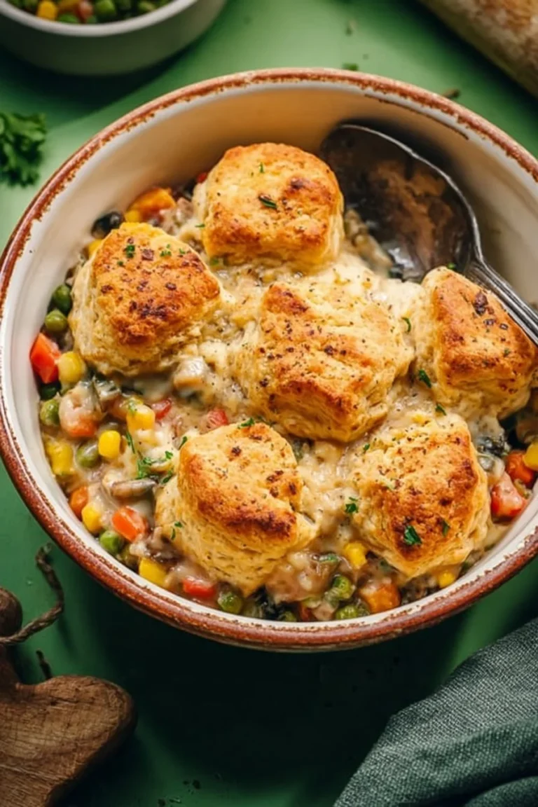 Delicious vegetable biscuit pot pie, filled with fresh veggies and topped with flaky biscuits.