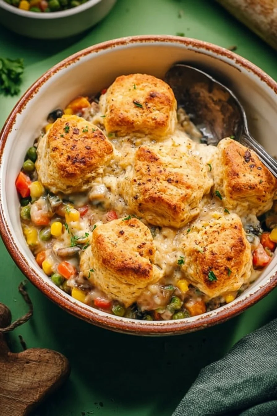 Delicious vegetable biscuit pot pie, filled with fresh veggies and topped with flaky biscuits.