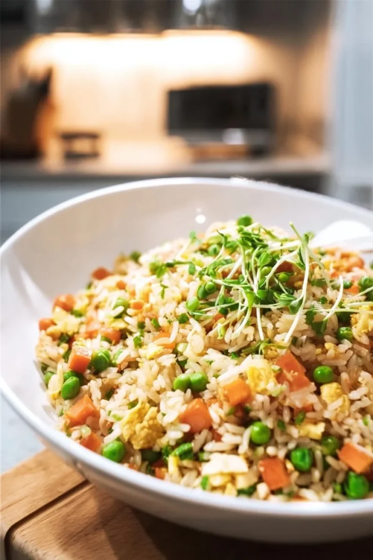 Bowl of colorful Vegetable Fried Rice with fresh vegetables and herbs.