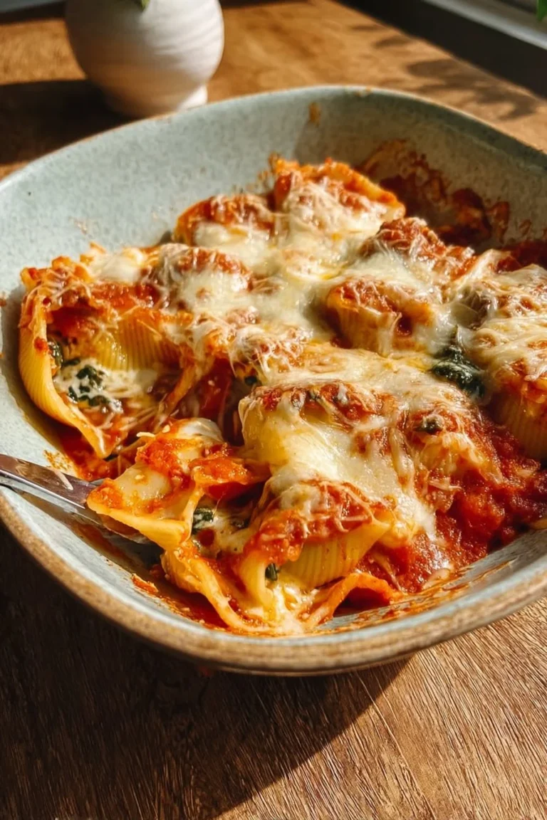 Plate of vegetarian stuffed shells filled with ricotta cheese and herbs