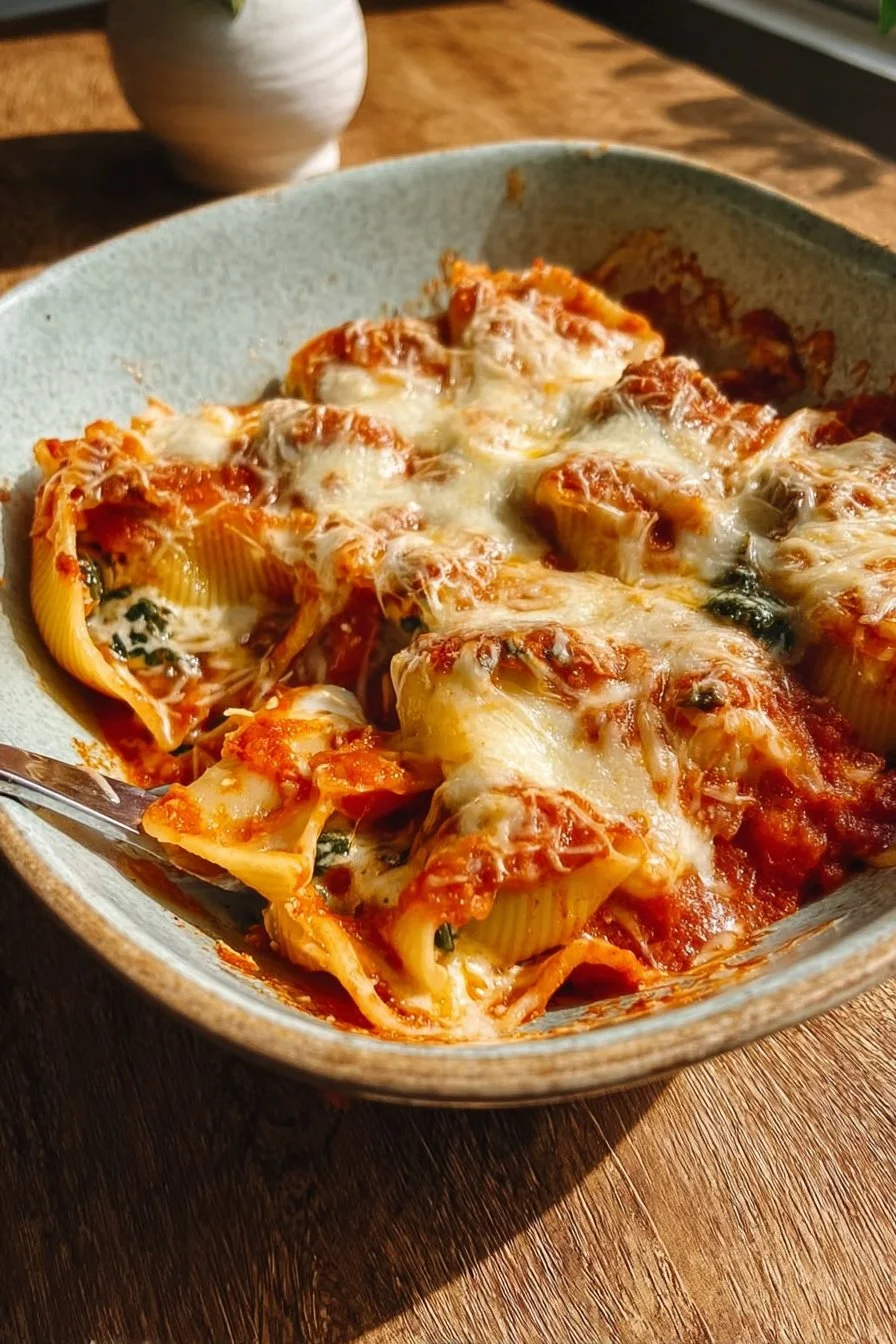 Plate of vegetarian stuffed shells filled with ricotta cheese and herbs