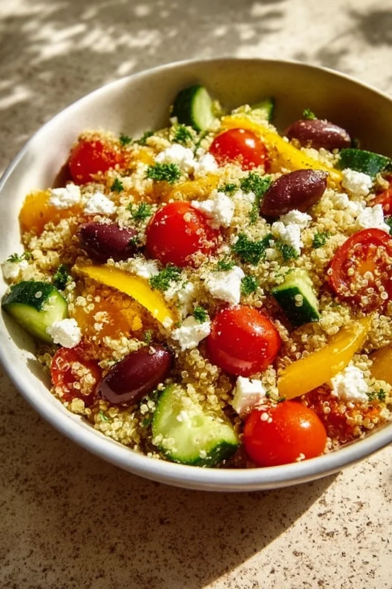A colorful Mediterranean Quinoa Bowl filled with fresh vegetables and herbs.
