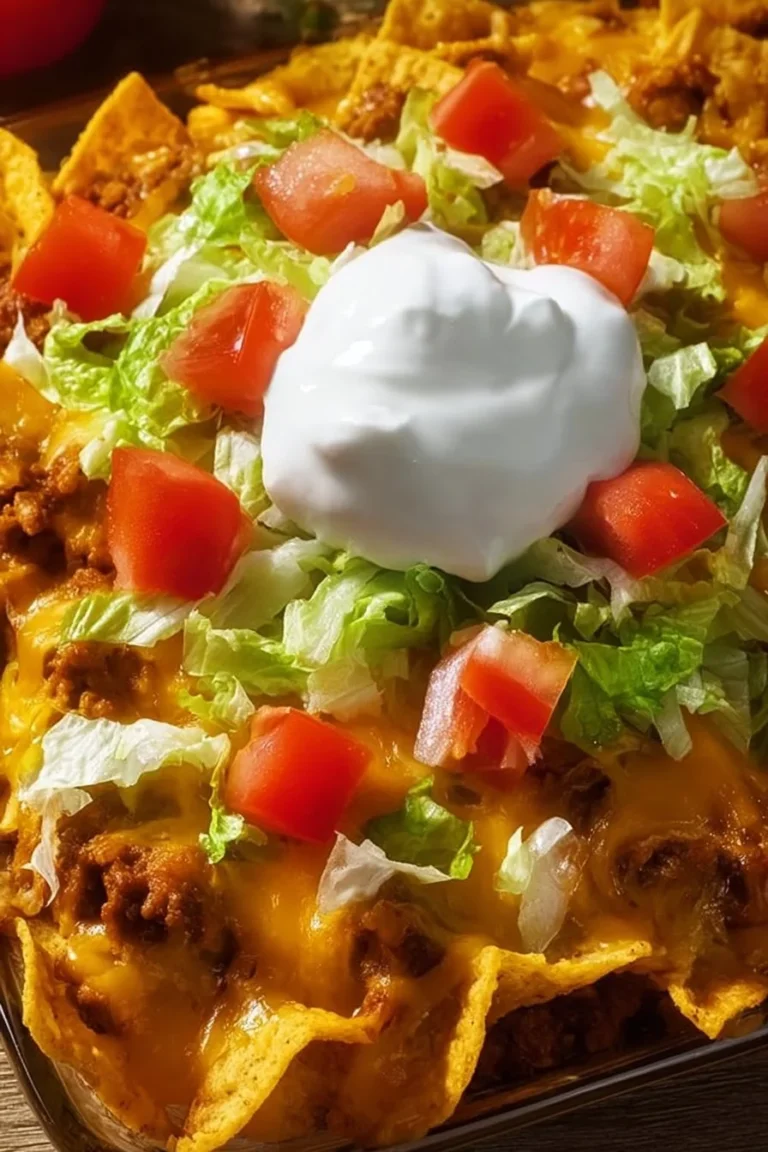 Delicious Walking Taco Casserole served in a dish with toppings