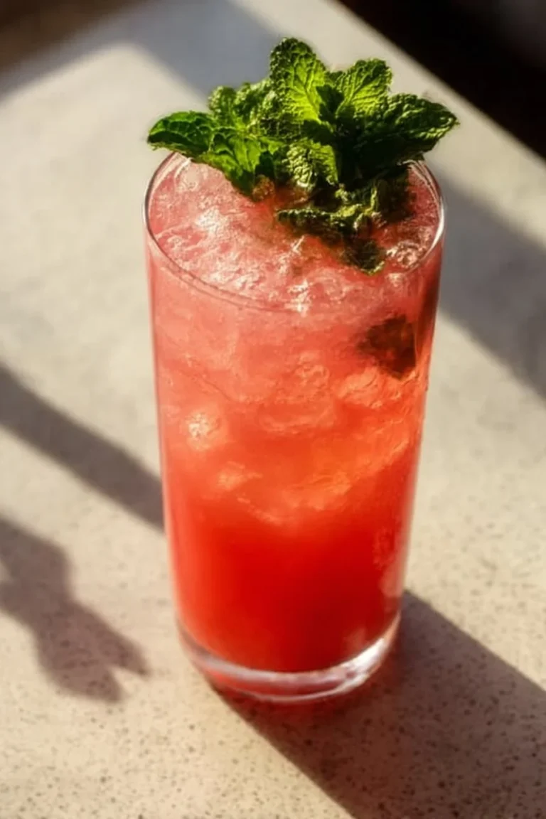 Chilled watermelon tea cooler garnished with fresh mint leaves