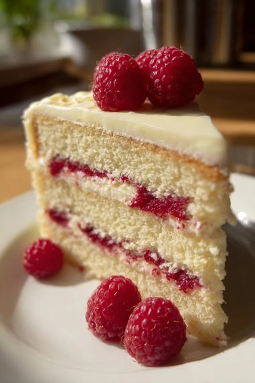 Delicious slice of White Chocolate Raspberry Cake with fresh raspberries on top