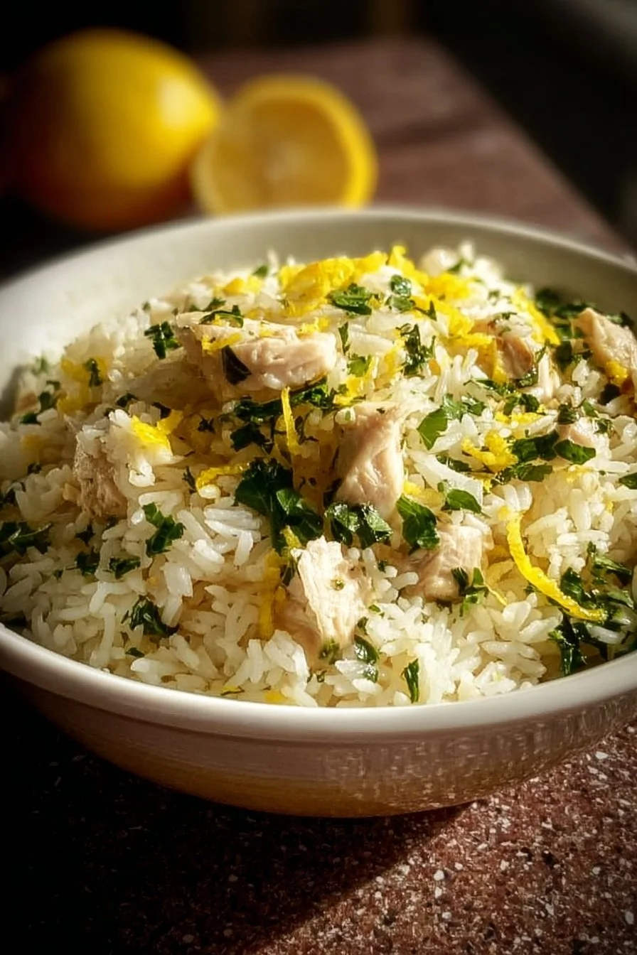 Zesty lemon herb chicken served over rice with fresh herbs and lemon slices.