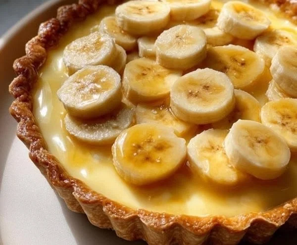 Delicious slice of banana cream pie topped with whipped cream and banana slices