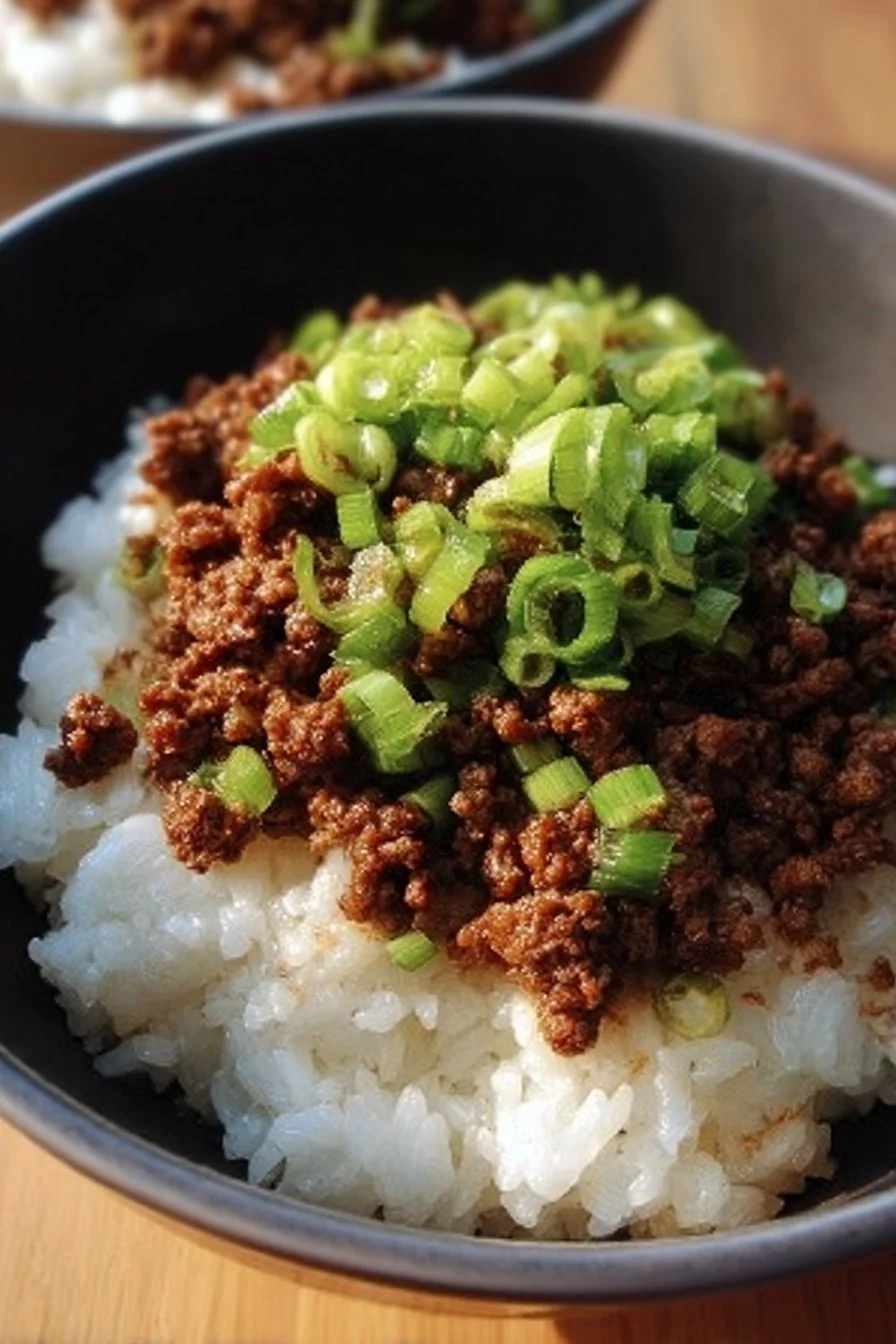 Delicious Beefy Garlic Butter Rice Bowl with tender beef and garlic butter over rice.