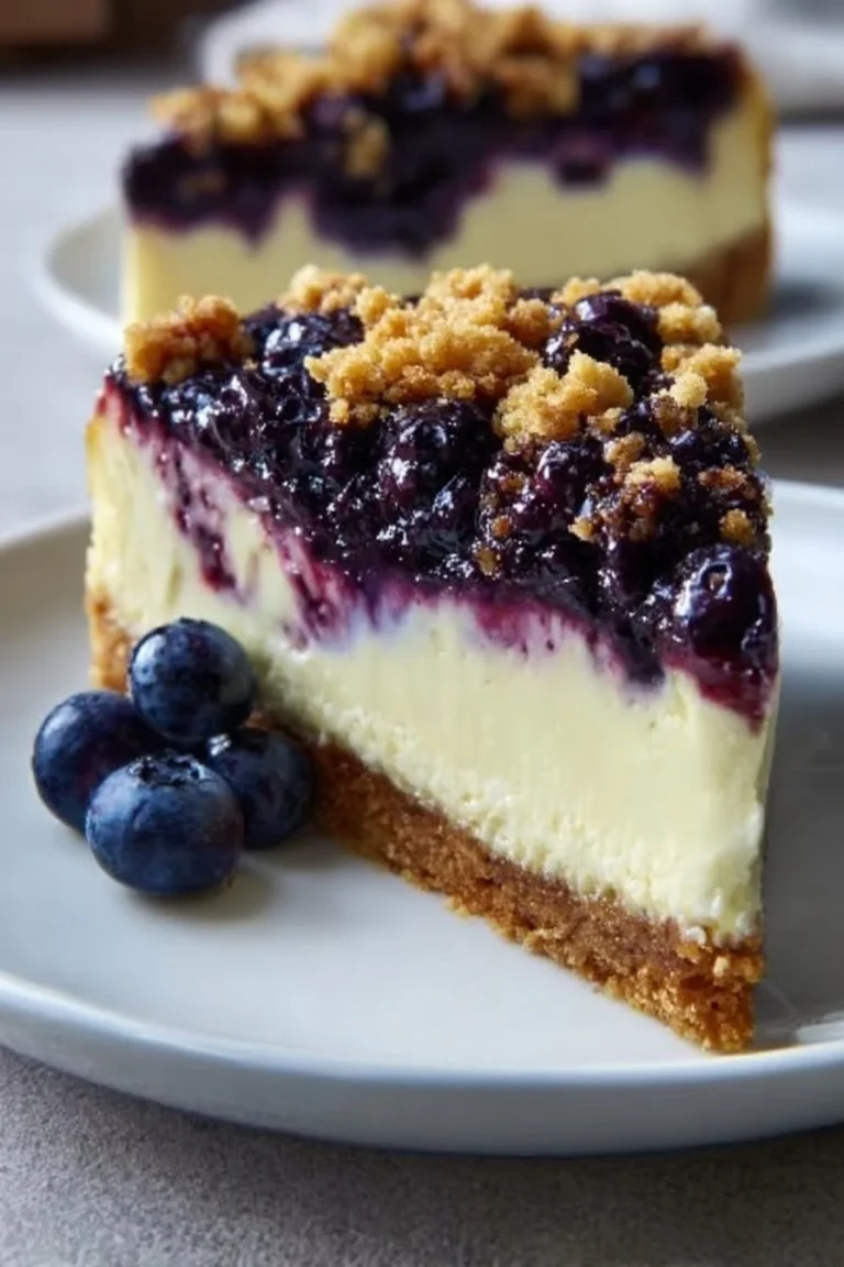 Delicious blueberry crumble cheesecake with a buttery crumble topping