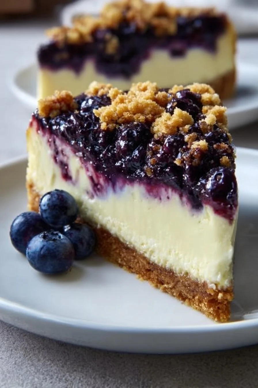 Delicious blueberry crumble cheesecake with a buttery crumble topping