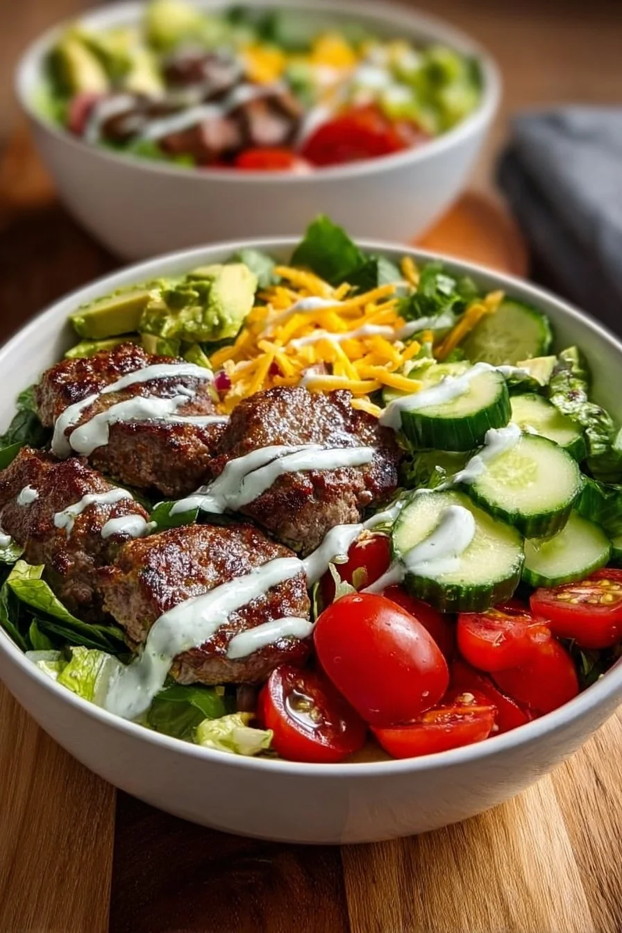 Colorful burger bowls filled with fresh ingredients and toppings