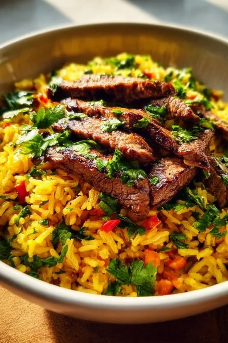 Cheese Steak Rice dish served in a bowl with beef and melted cheese