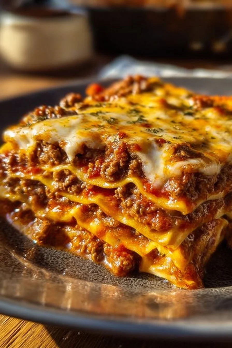 Delicious cheeseburger lasagna layered with beef, cheese, and pasta