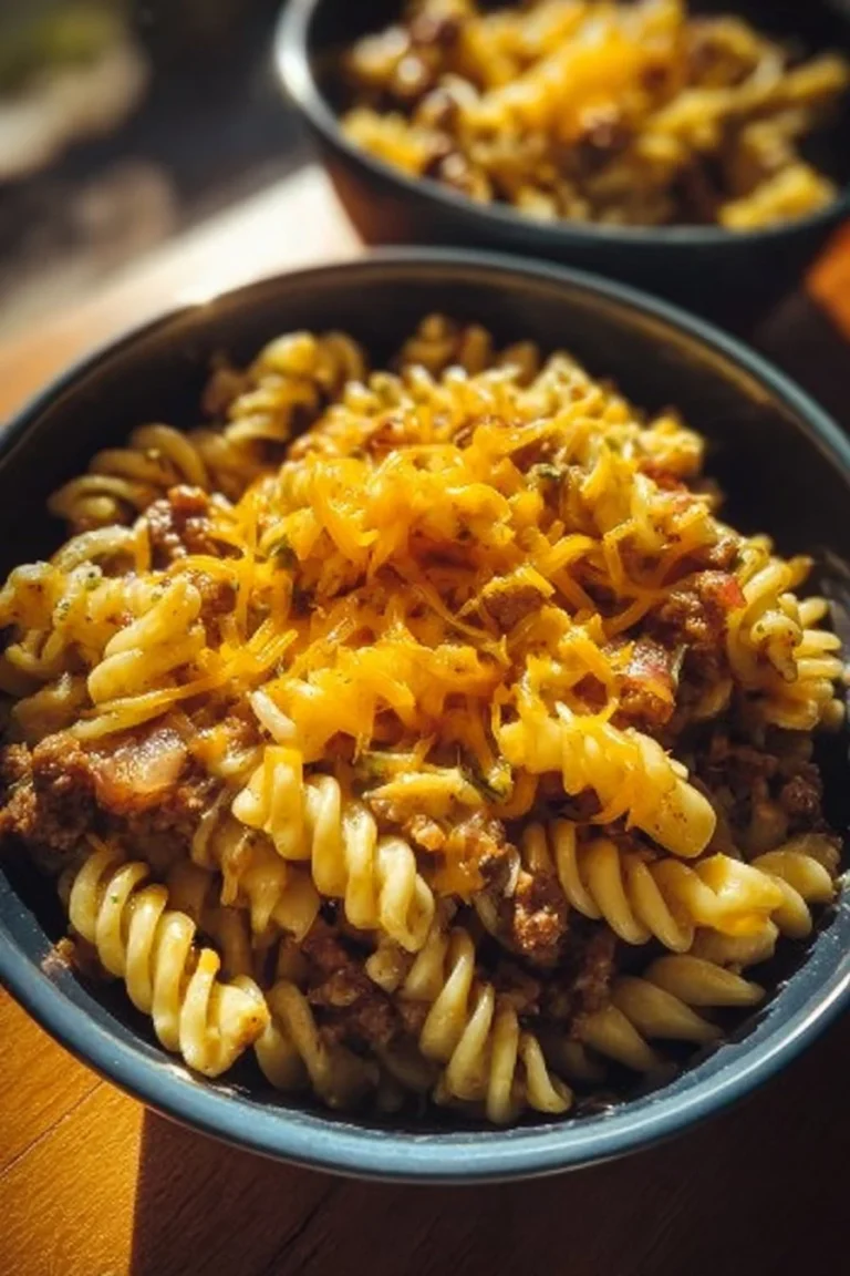 A bowl of cheeseburger pasta topped with cheese and herbs