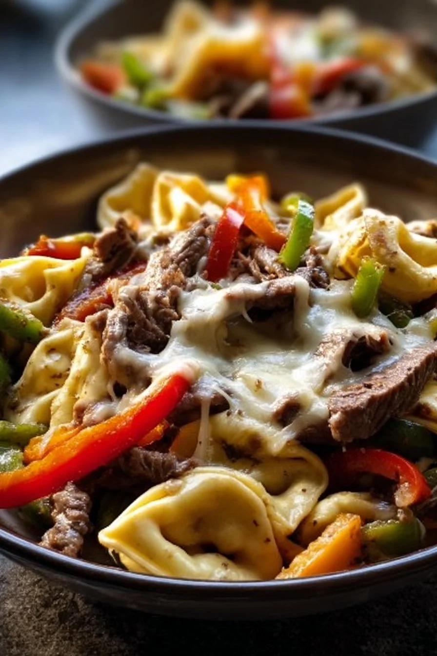 Delicious Cheesesteak Tortellini dish with seasoned beef and cheese filling.