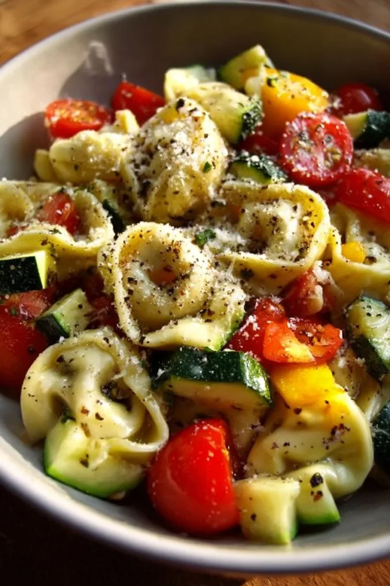 A vibrant bowl of Cold Italian Tortellini Pasta Salad with colorful vegetables and dressing.