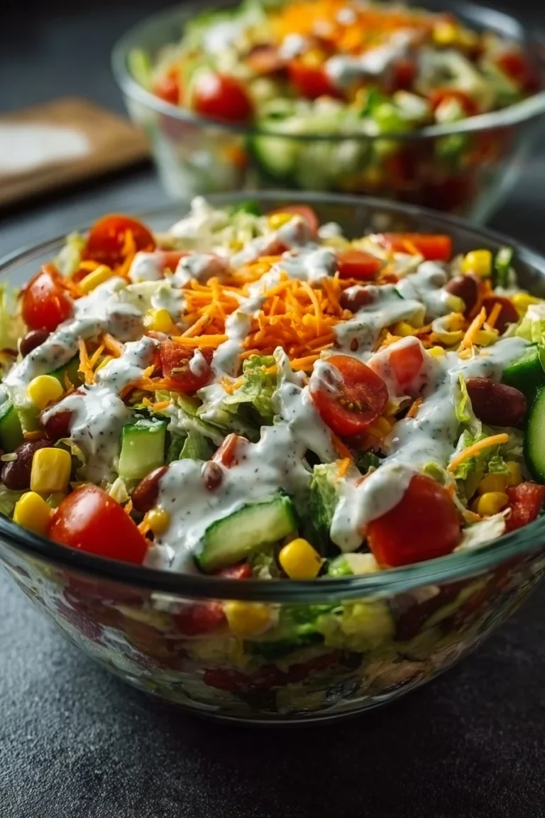 Colorful 7 layer salad with fresh vegetables and layers of flavor