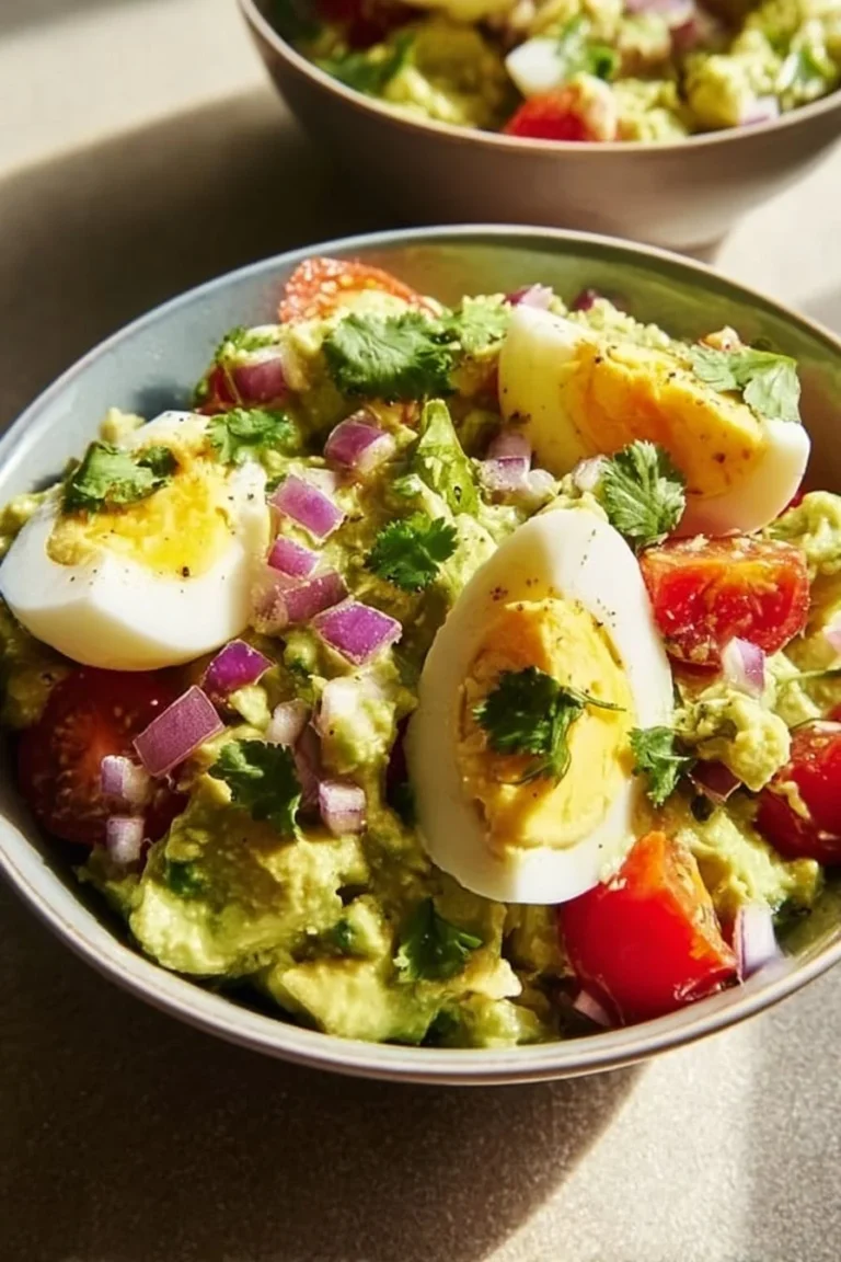 Creamy avocado and egg salad in a bowl, topped with fresh herbs.