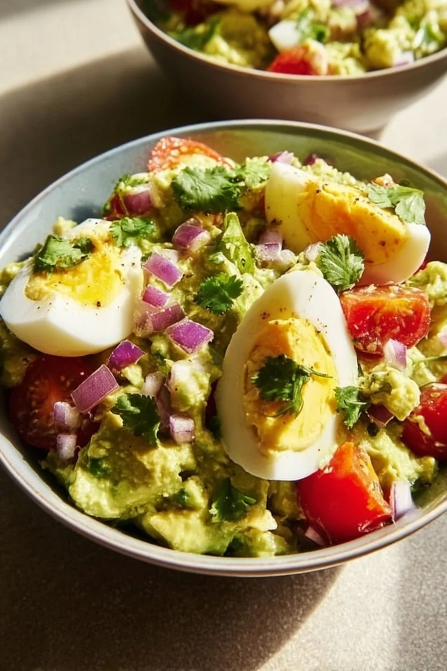 Creamy avocado and egg salad in a bowl, topped with fresh herbs.