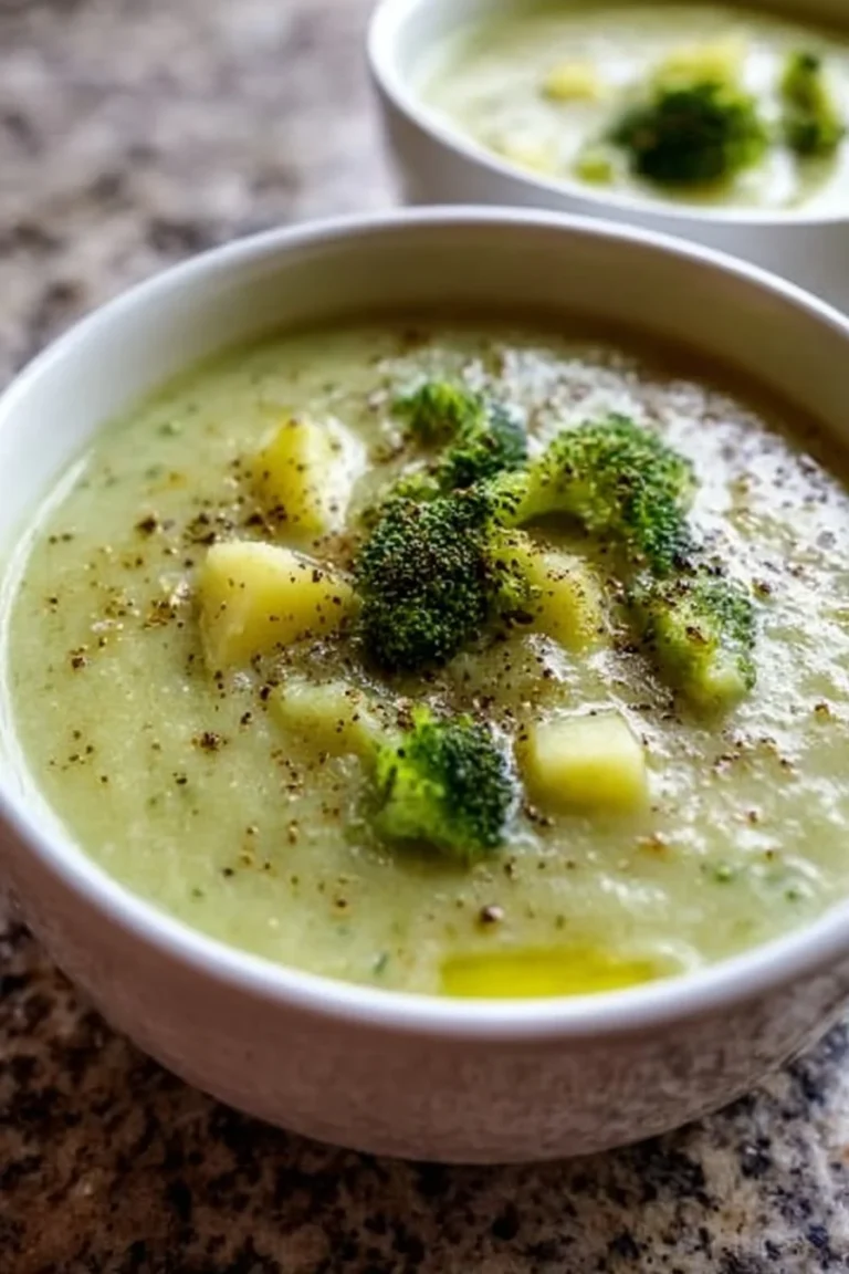 Creamy broccoli potato soup in a bowl, garnished with fresh herbs.