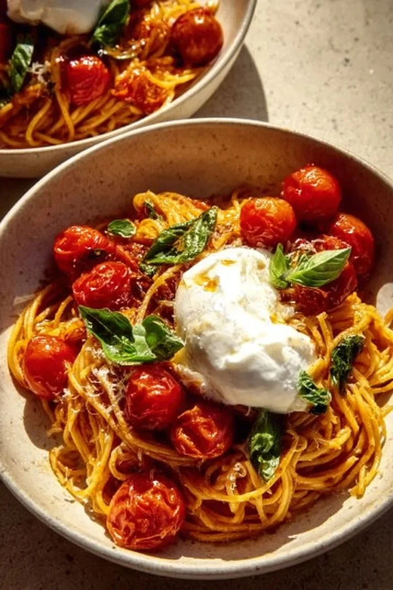 Creamy burrata pasta garnished with fresh herbs and sprinkled cheese