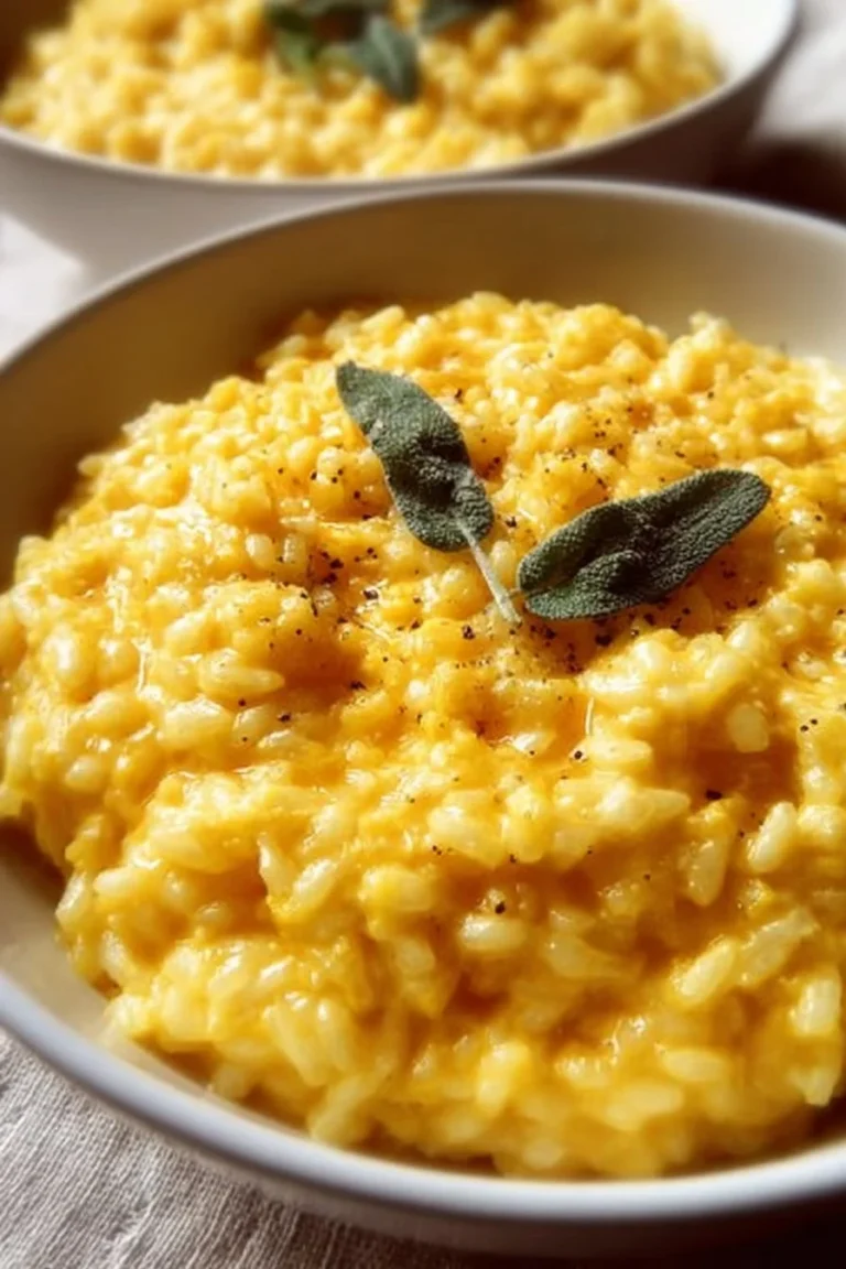 Creamy cheddar risotto garnished with fresh sage leaves on a plate