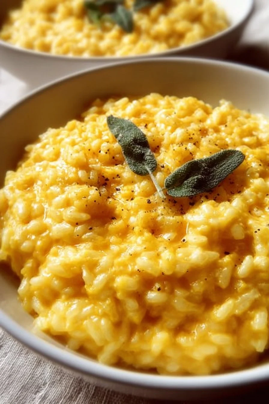 Creamy cheddar risotto garnished with fresh sage leaves on a plate