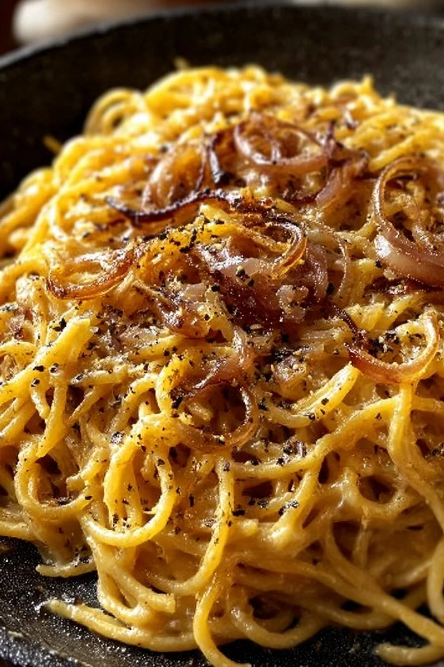 Creamy French onion butter pasta served in a bowl with herbs
