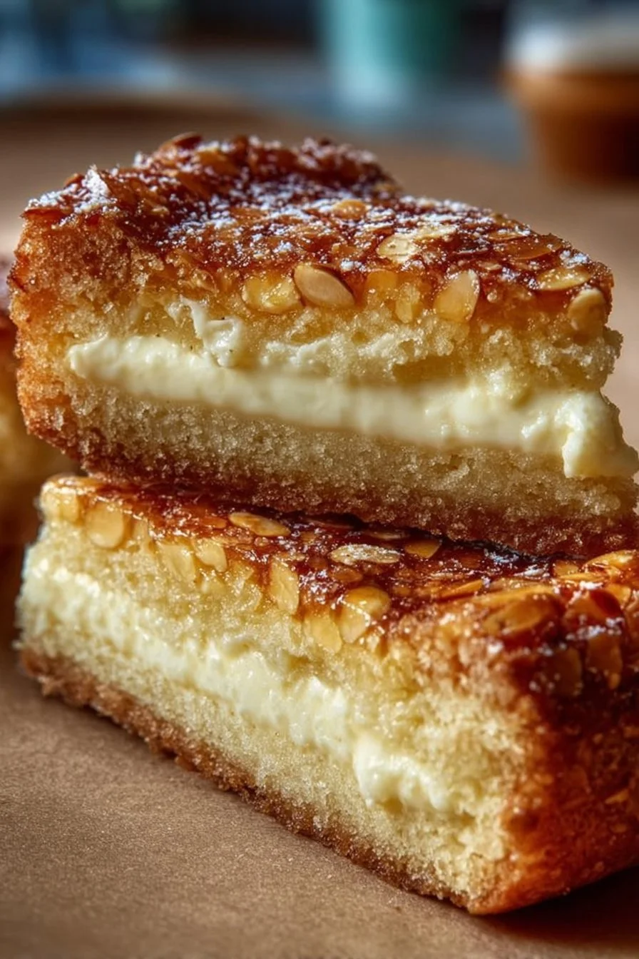 Creamy German Bee Sting Cake with honey, almonds, and custard filling