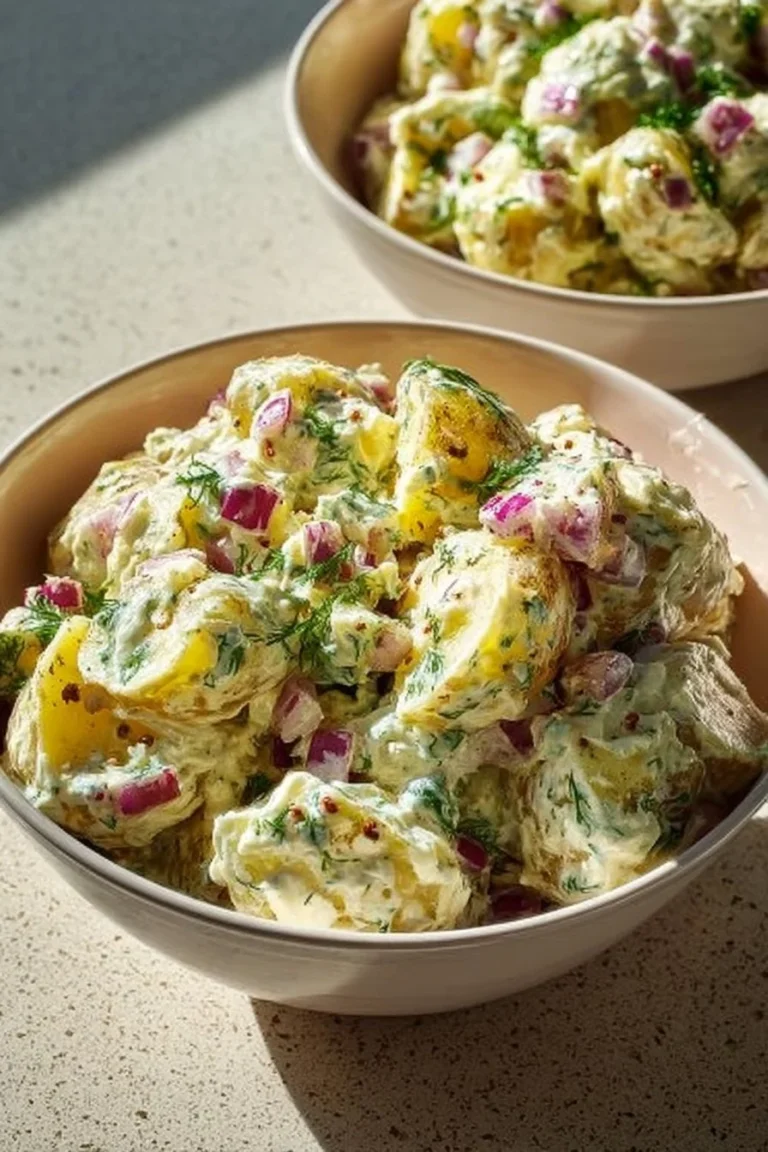 Creamy Jalapeno Potato Salad served in a bowl with fresh herbs