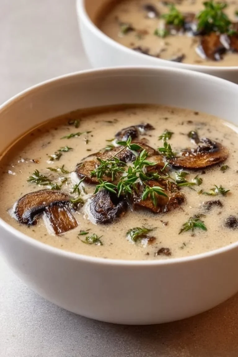 A bowl of creamy mushroom soup garnished with fresh herbs.