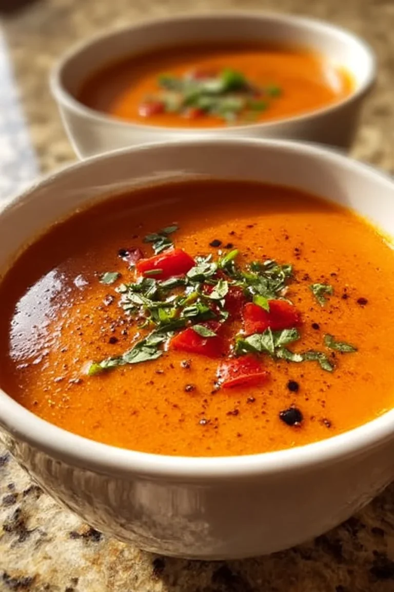 Bowl of creamy red pepper gouda soup garnished with fresh herbs