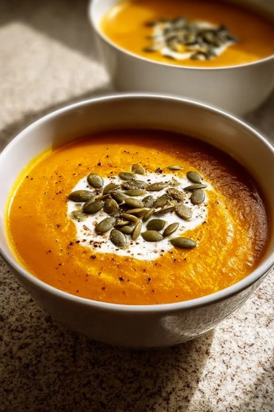 Bowl of creamy roasted apple pumpkin soup garnished with herbs