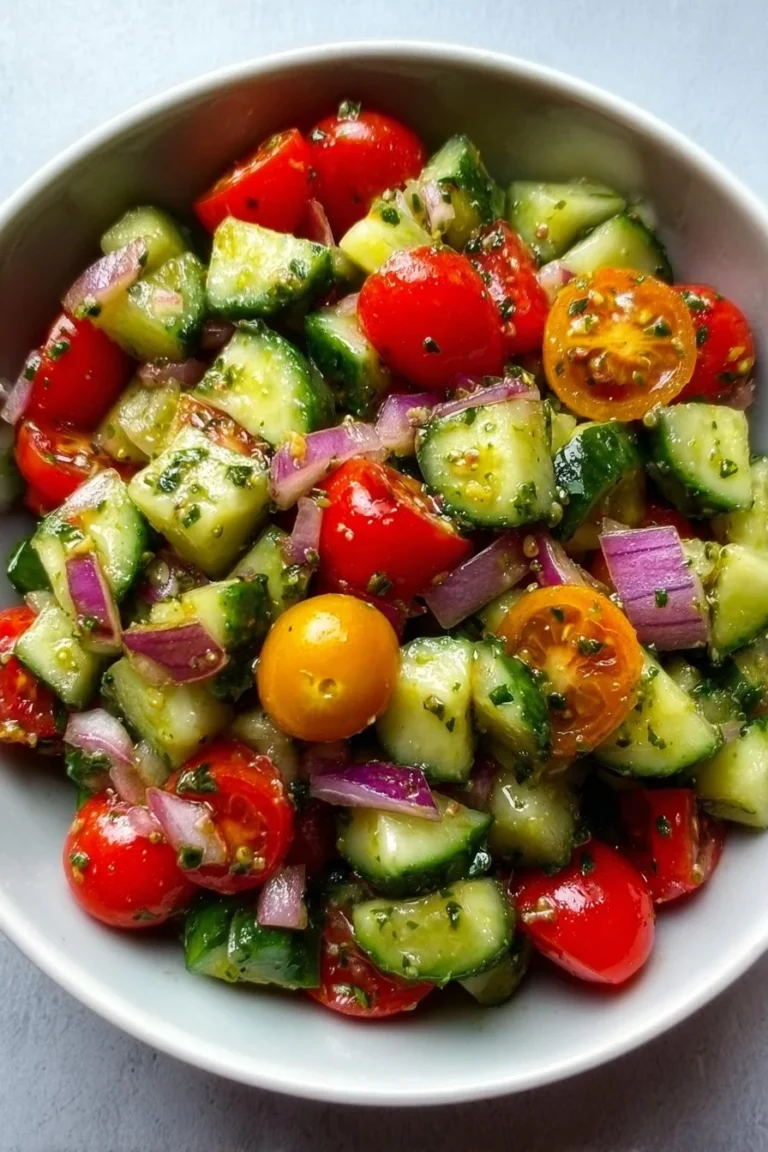 Delicious Cucumber Pasta Salad in a bowl, garnished with fresh herbs.