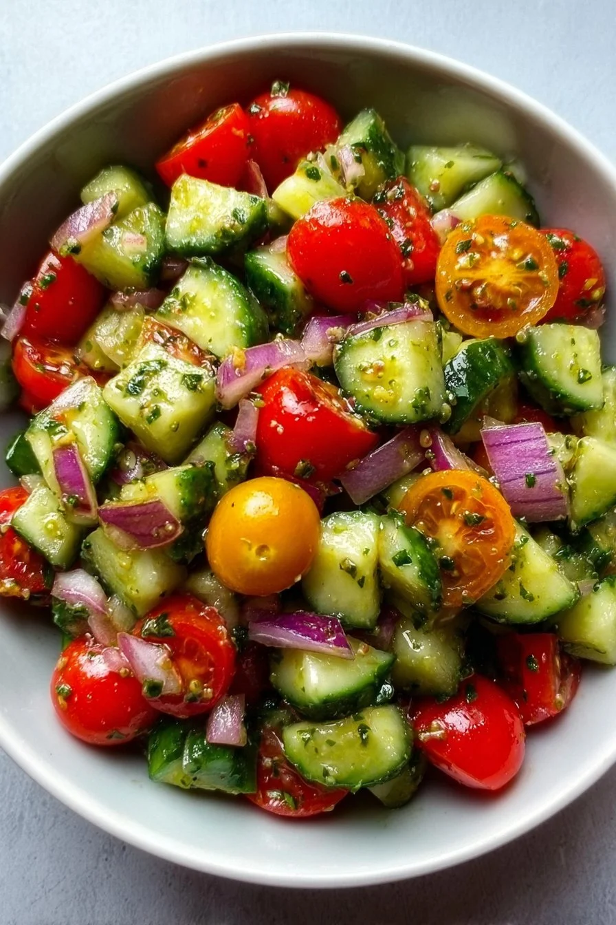 Delicious Cucumber Pasta Salad in a bowl, garnished with fresh herbs.