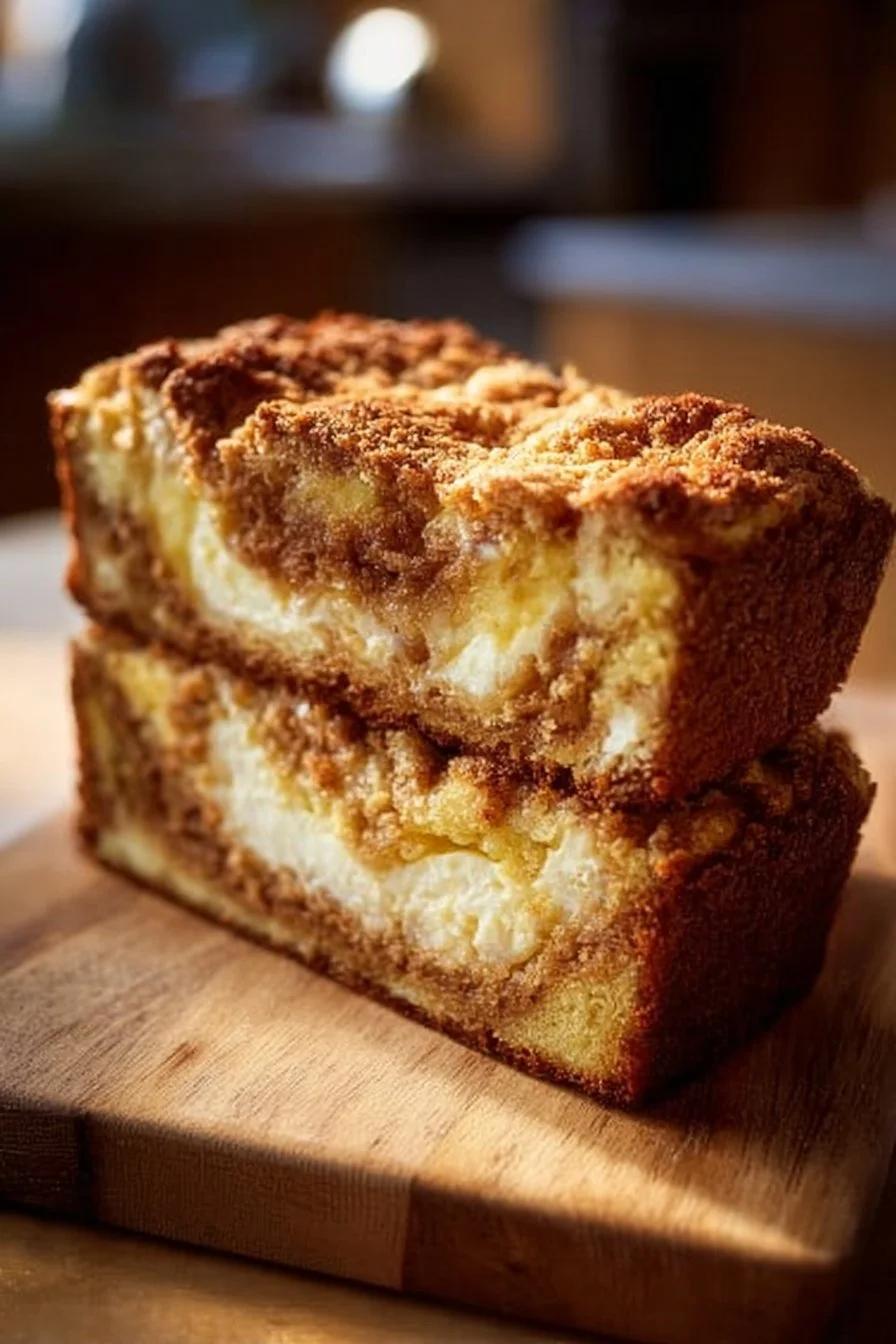 Decadent apple crisp cheesecake bread with apple slices and crumb topping