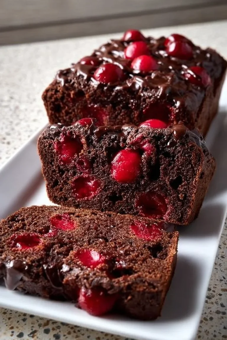 Decadent cherry brownie bread with rich chocolate and cherry toppings