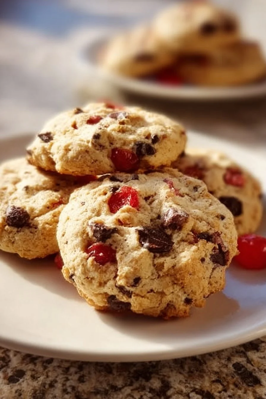 Decadent maraschino cherry chocolate chip cookies on a baking tray