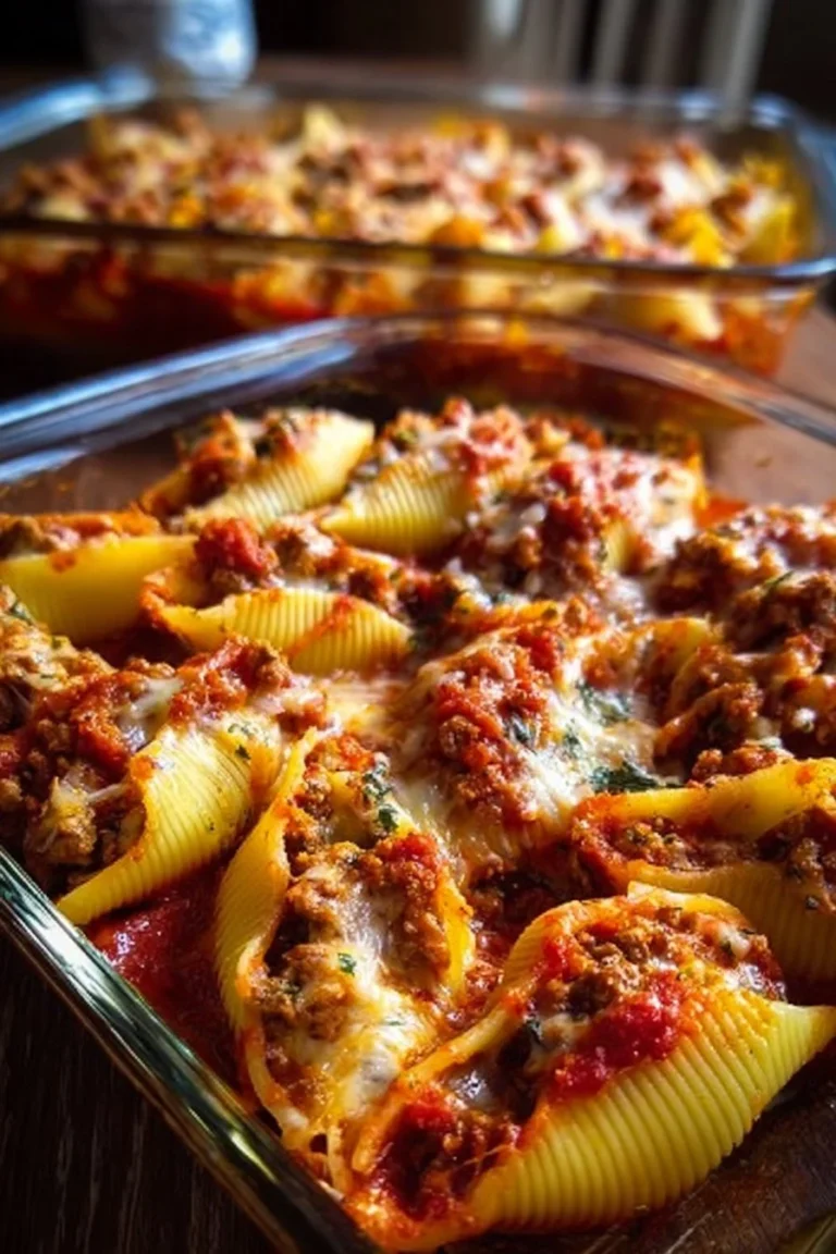 Plate of decadent ricotta beef stuffed shells garnished with herbs