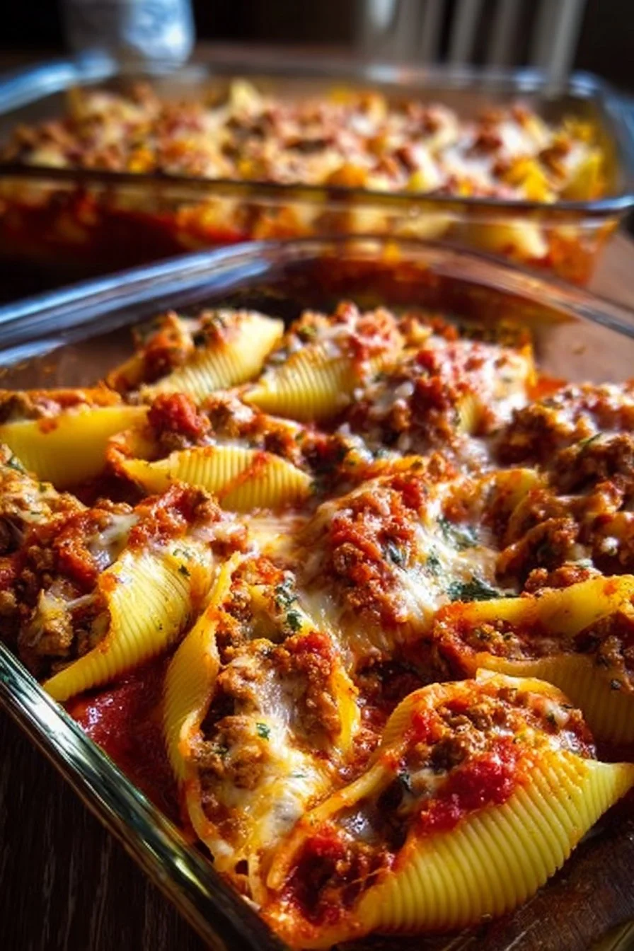 Plate of decadent ricotta beef stuffed shells garnished with herbs