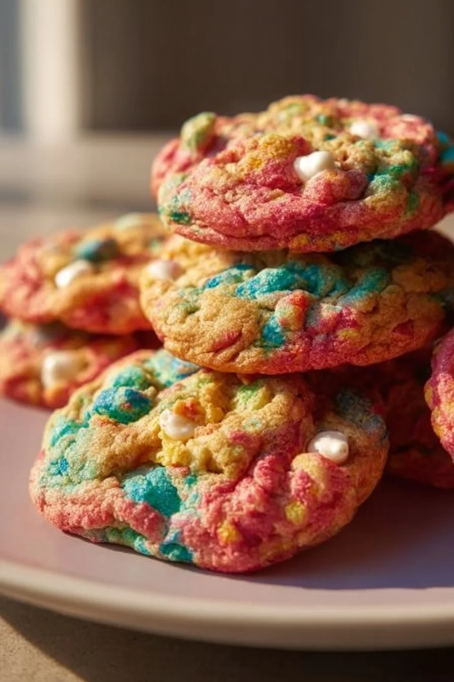 Colorful Fruity Pebbles Cookies made with cereal and vibrant sprinkles.
