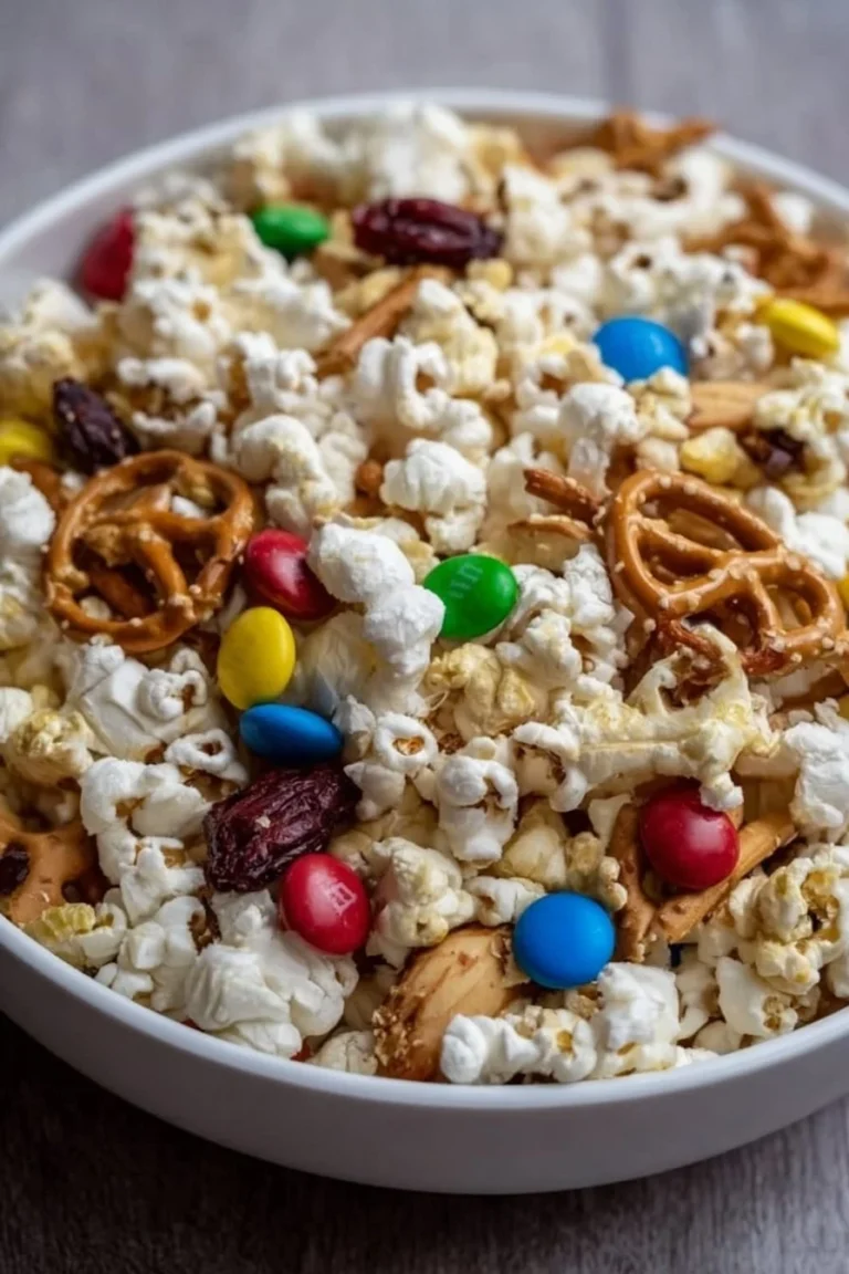 Bowl of deliciously crunchy popcorn snack mix featuring popcorn, nuts, and tasty additions
