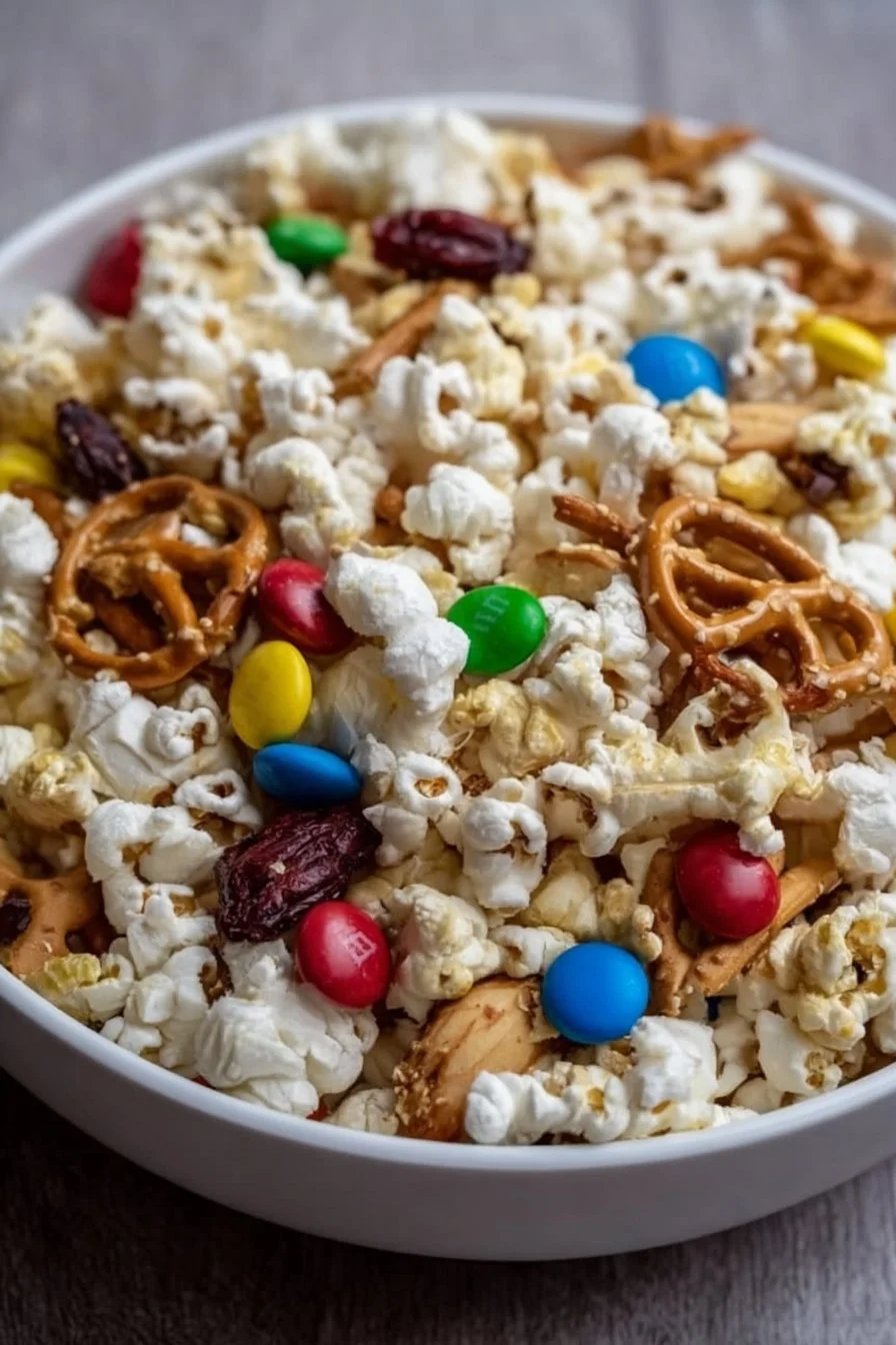 Bowl of deliciously crunchy popcorn snack mix featuring popcorn, nuts, and tasty additions