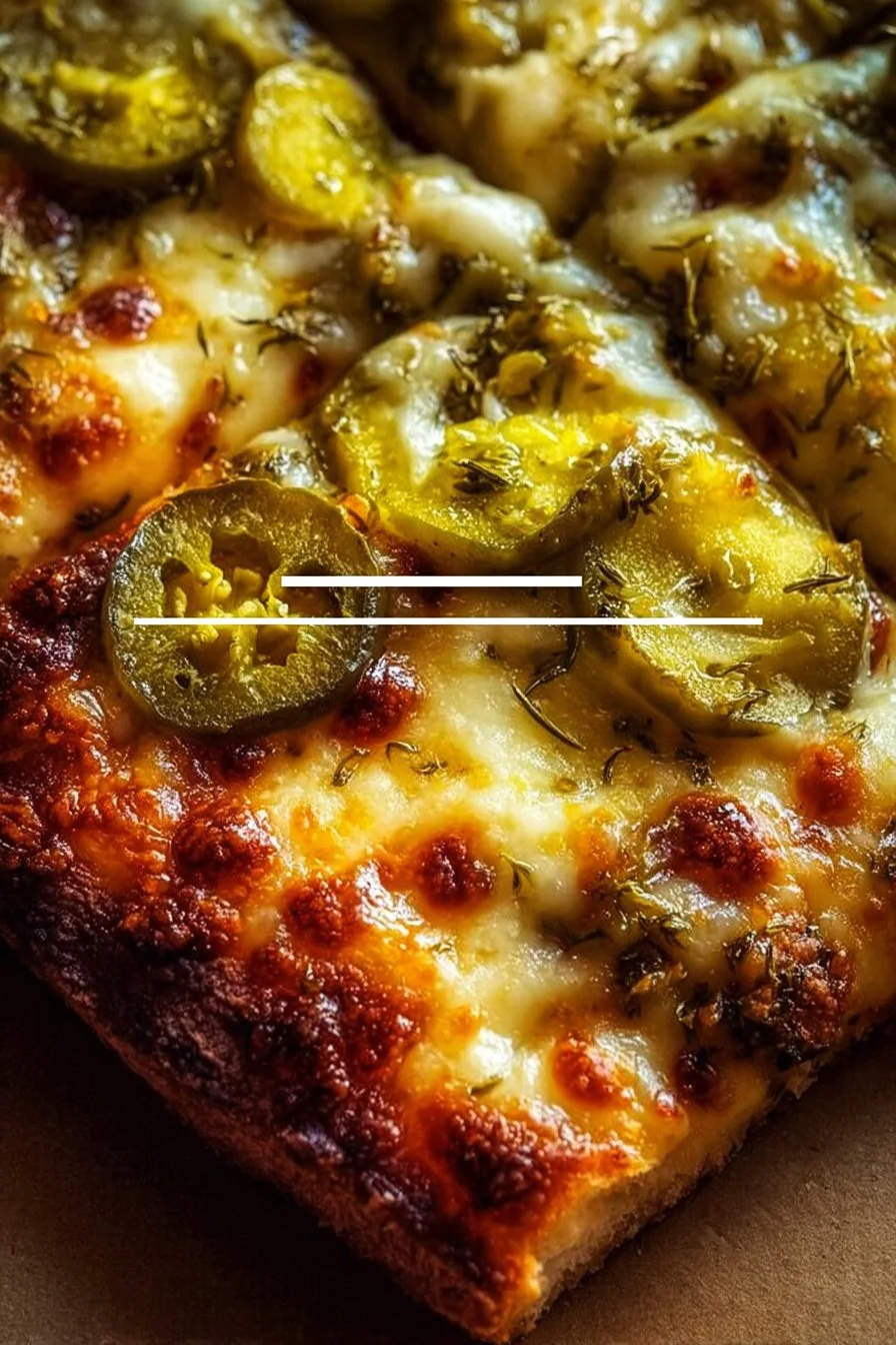 Dill pickle and garlic pizza slice topped with fresh dill on a rustic wooden table