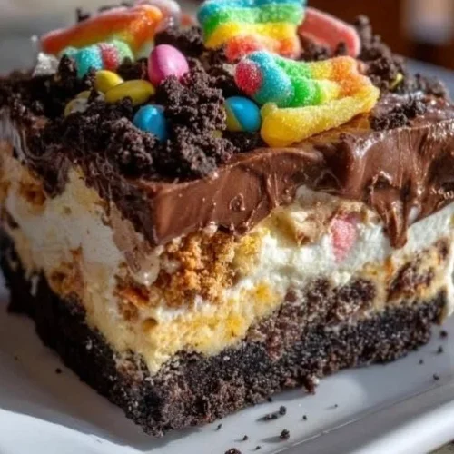 Easter Dirt Cake Casserole with chocolate and cream layers in a festive presentation.