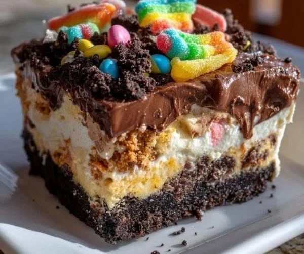 Easter Dirt Cake Casserole with chocolate and cream layers in a festive presentation.