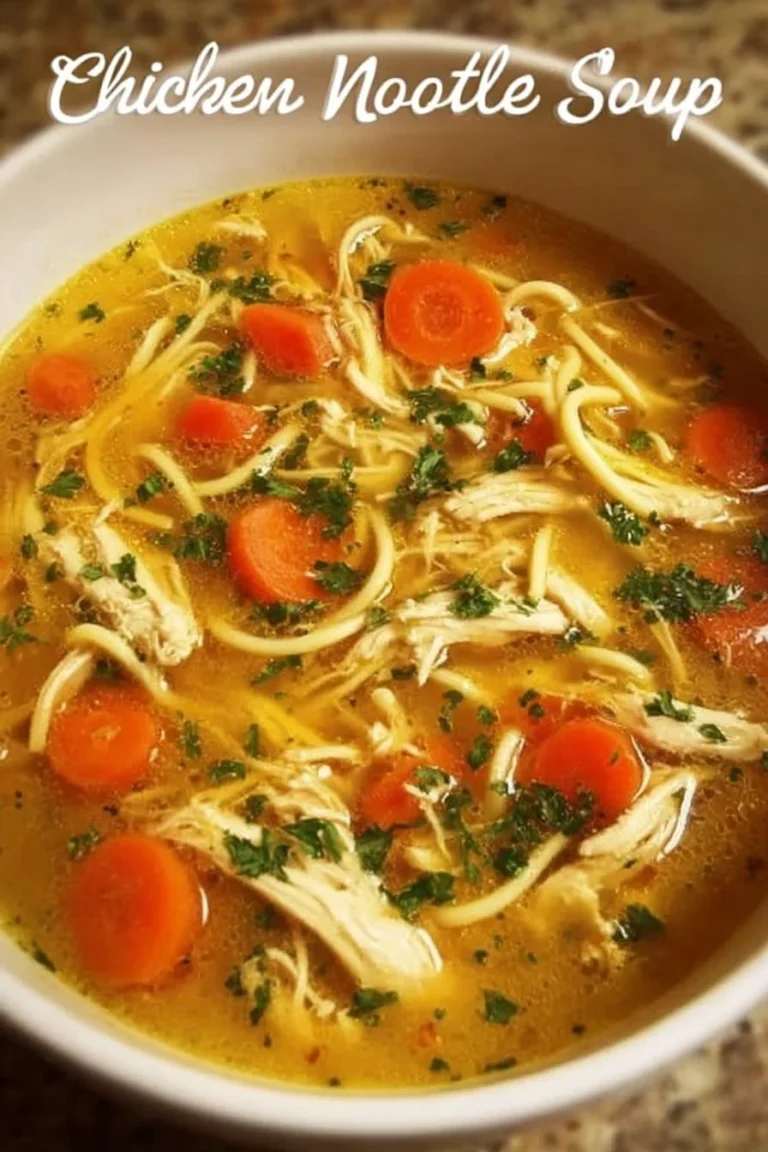 Bowl of Ginger Garlic Chicken Soup with noodles, herbs, and spices