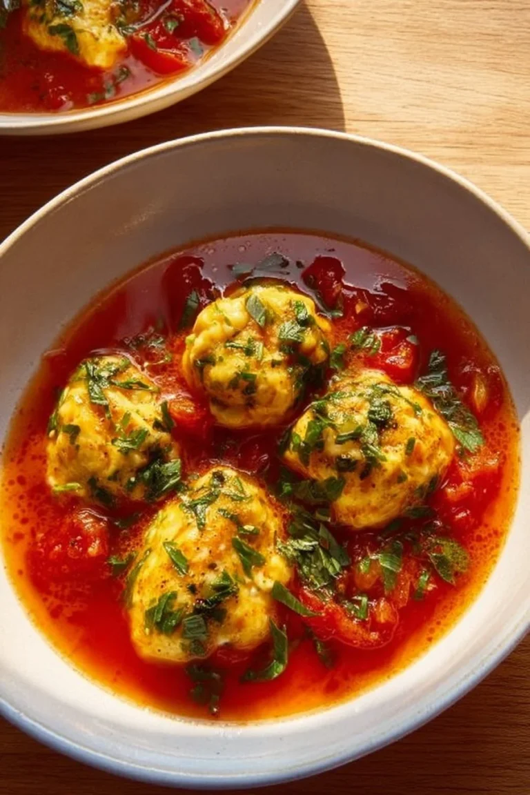 Bowl of hearty tomato dumpling soup with fluffy dumplings and fresh herbs